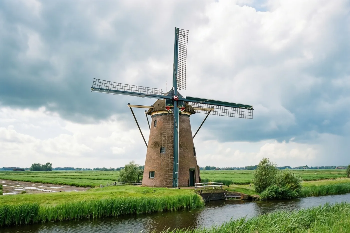Een bakstenen windmolen staat naast een kanaal in een groene polder onder een grijsblauwe, dreigende wolkenlucht.