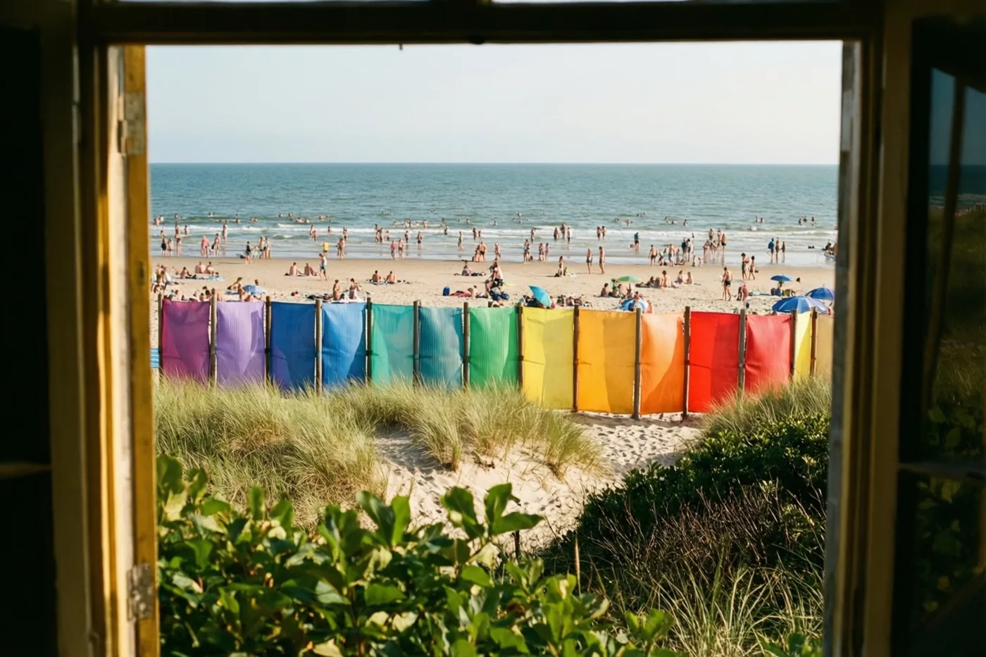 Door een houten opening zijn regenboogkleurige windschermen, mensen en de zee te zien, met groene duinplanten op de voorgrond.