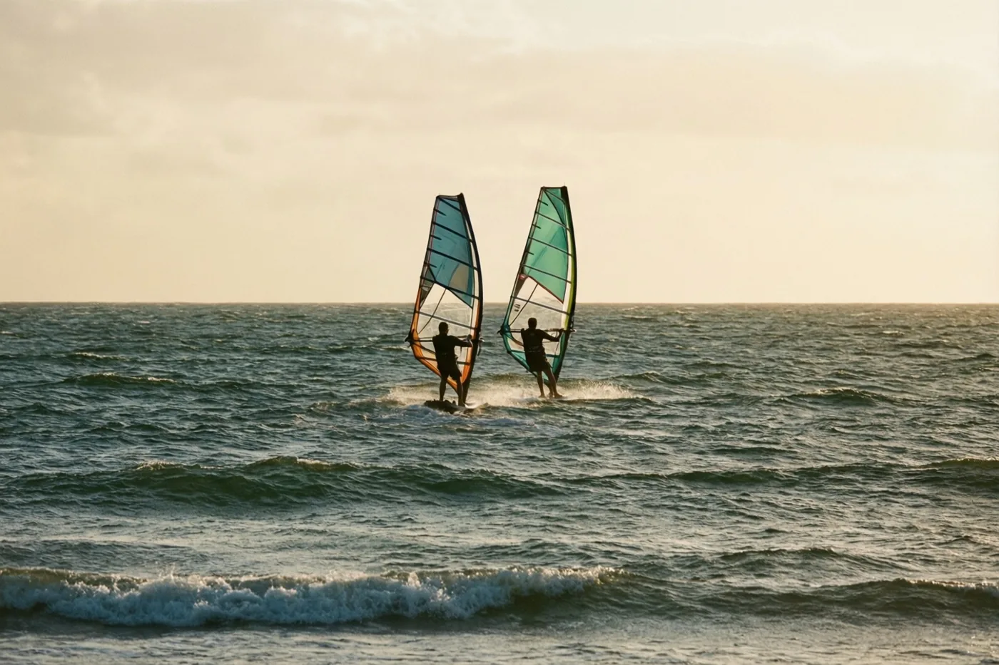 Twee windsurfers varen in de verte naast elkaar over een woelige zee onder een bewolkte hemel, met gedempte blauwe en groene tinten in het water en de zeilen.