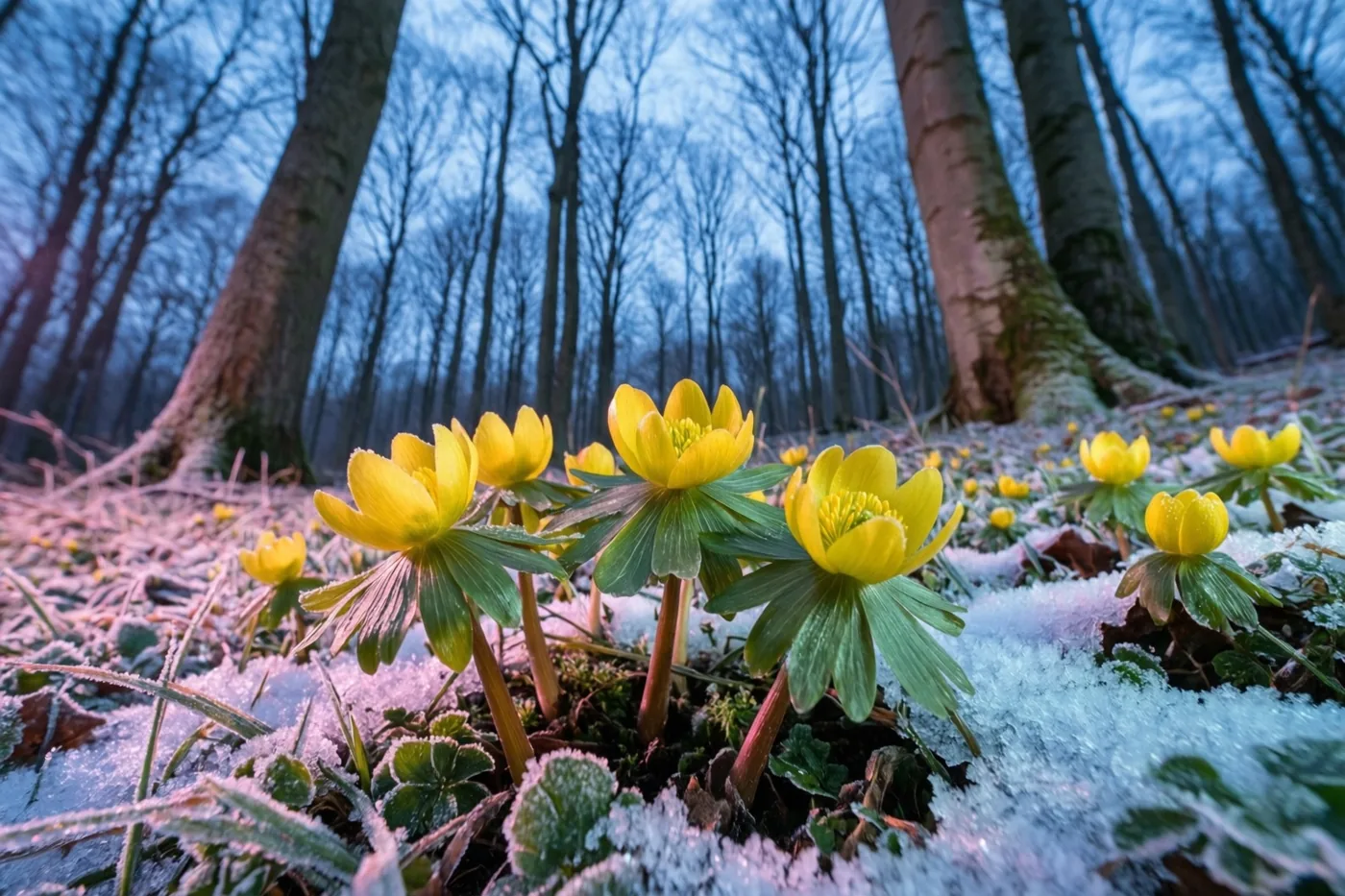 Felgele winterakonieten bloeien door rijp en sneeuw op de bosbodem, met kale beuken tegen een koelblauwe schemerhemel op de achtergrond.