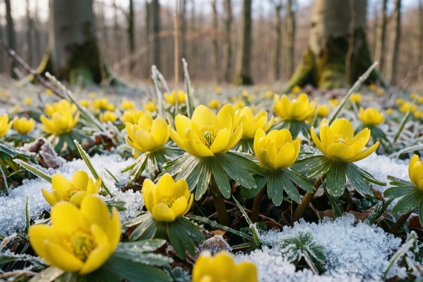Felgele winterakonieten bloeien tussen plekken sneeuw en rijp op de bosbodem, met kale beukenstammen en een gedempte lucht op de wazige achtergrond.