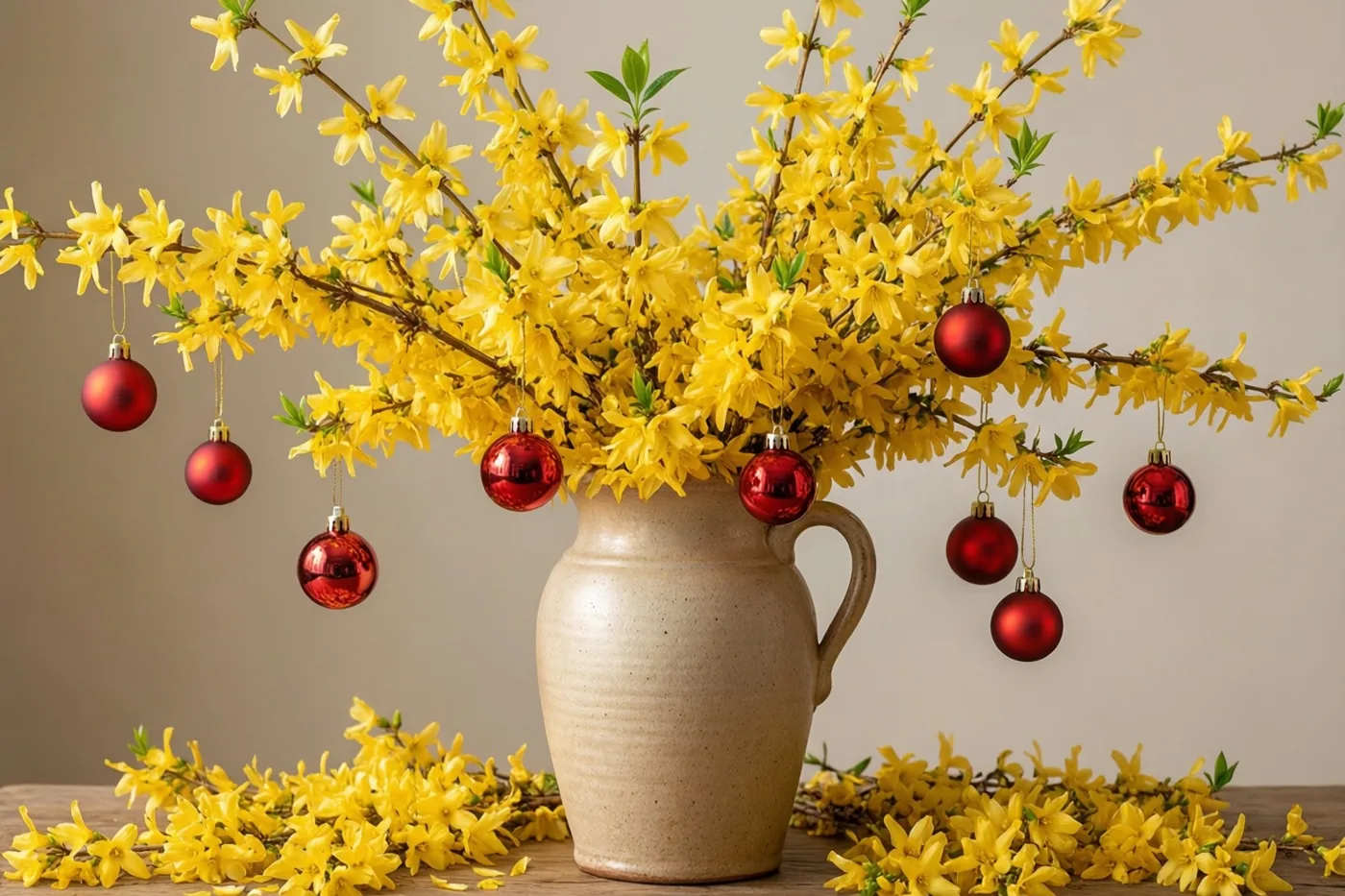 Een hoge steengoed kan met gele winterjasmijn en kleine rode kerstballen staat op hout met verspreide bloemen voor een beige achtergrond.