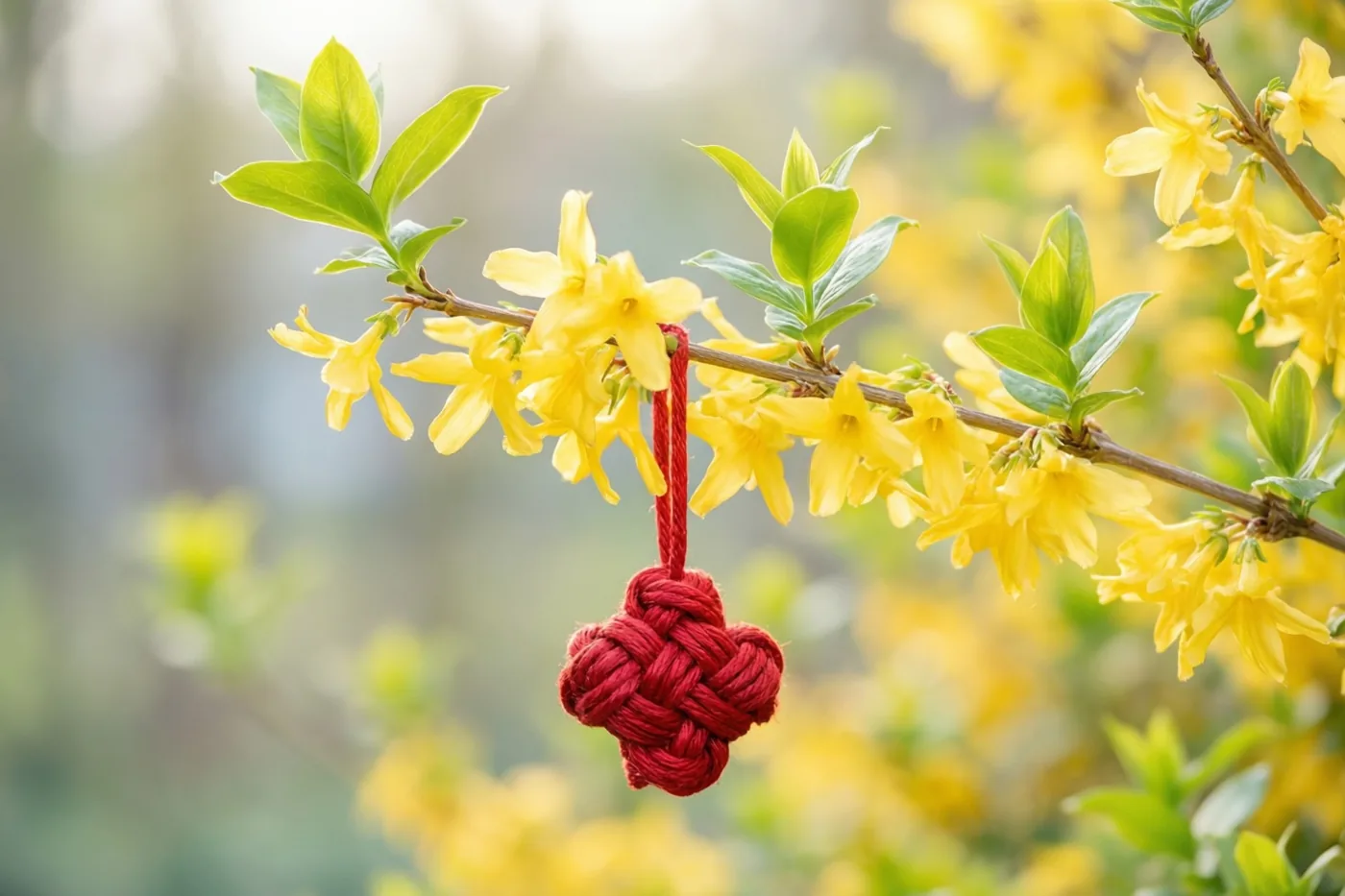 Aan een tak met gele winterjasmijn hangt een rood geknoopt ornament, met onscherpe bloemen en groen op de achtergrond.
