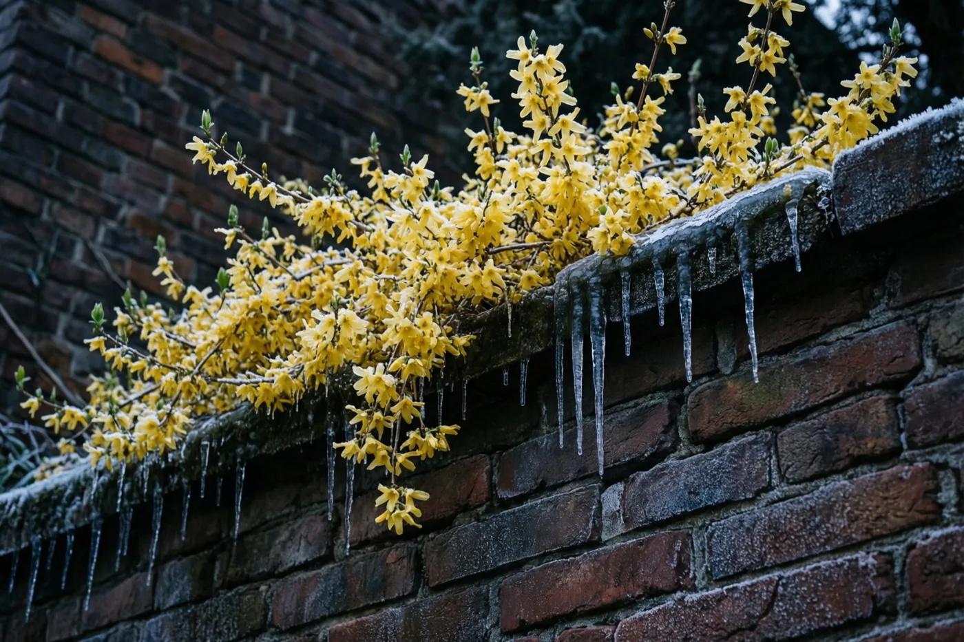 Gele winterjasmijn hangt over een verweerde, donkere bakstenen muur met ijspegels bovenaan.