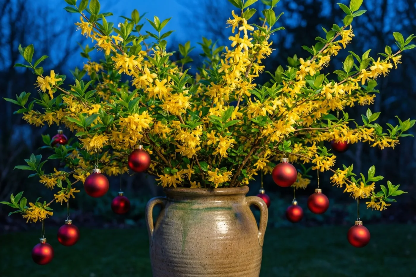 Een hoge steengoed kan met gele winterjasmijn en kleine rode kerstballen staat tegen een donkerblauwe schemerachtergrond.