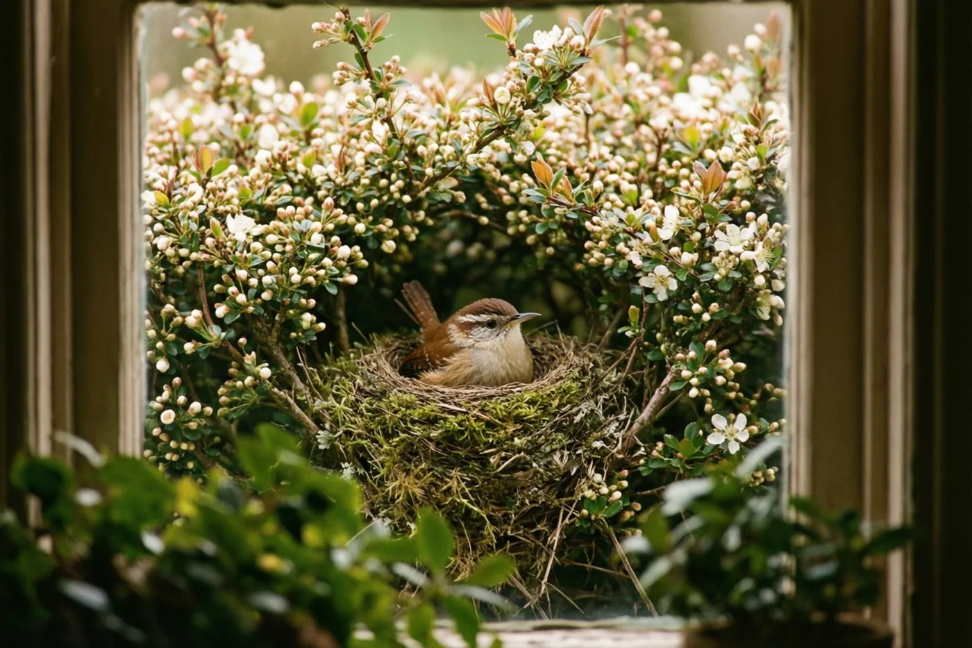 Door een raamkozijn is een klein winterkoninkje te zien in een nest met mos, omringd door een bloeiende haag in zacht natuurlijk licht.