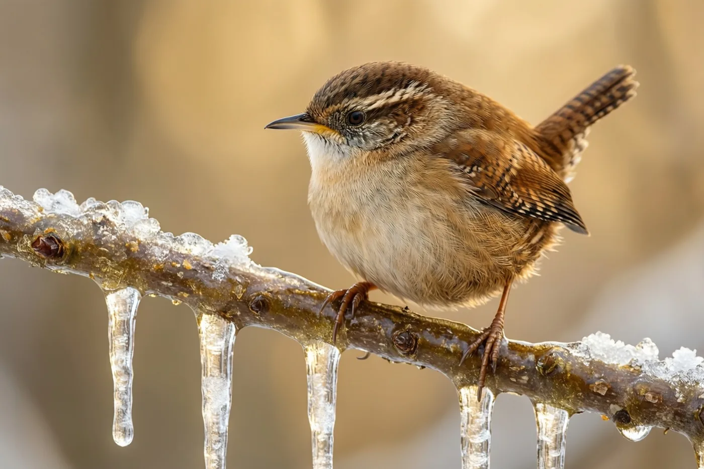 Een winterkoninkje zit op een tak met ijs en ijspegels tegen een zacht vervaagde gouden achtergrond.