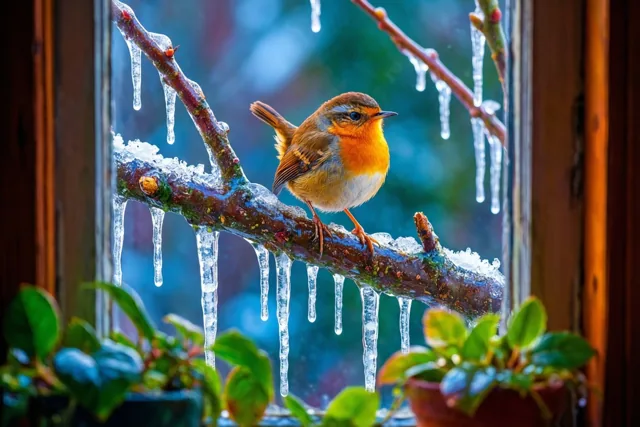 Een winterkoninkje voor het raam
