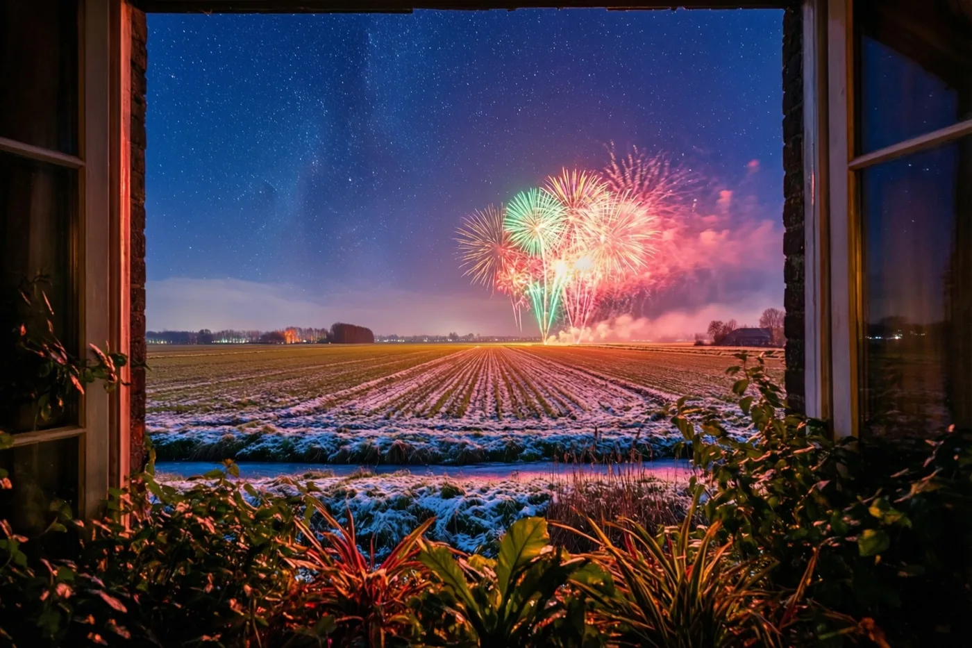 Door een raam met planten op de voorgrond is een besneeuwd polderveld te zien onder een sterrenhemel met rood, groen en geel vuurwerk aan de horizon.
