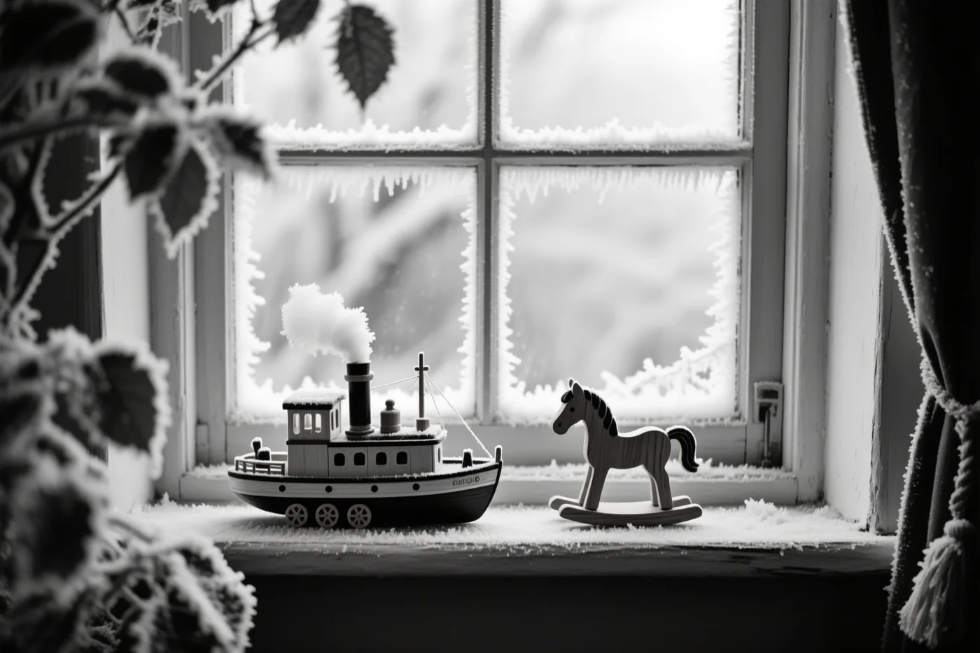 Een zwart-witbeeld toont een speelgoedstoomboot en een houten hobbelpaard op een besneeuwde vensterbank voor glas met ijsbloemen.
