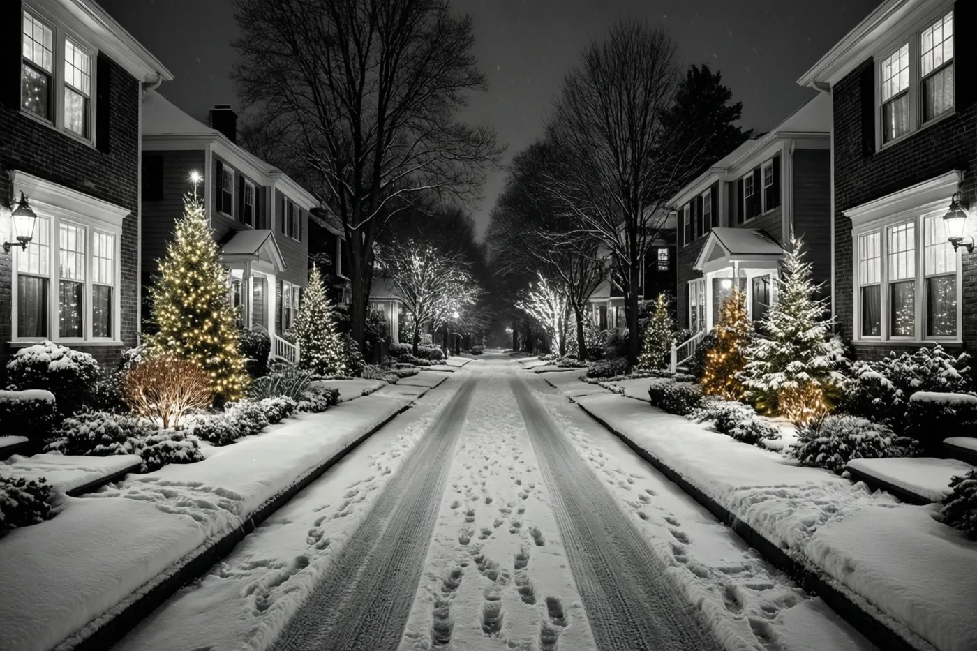 Een besneeuwde woonstraat met verlichte kerstbomen in voortuinen en feestlichtjes aan de ramen is weergegeven in zwart-wit, terwijl de warme lichtjes hun kleur behouden.