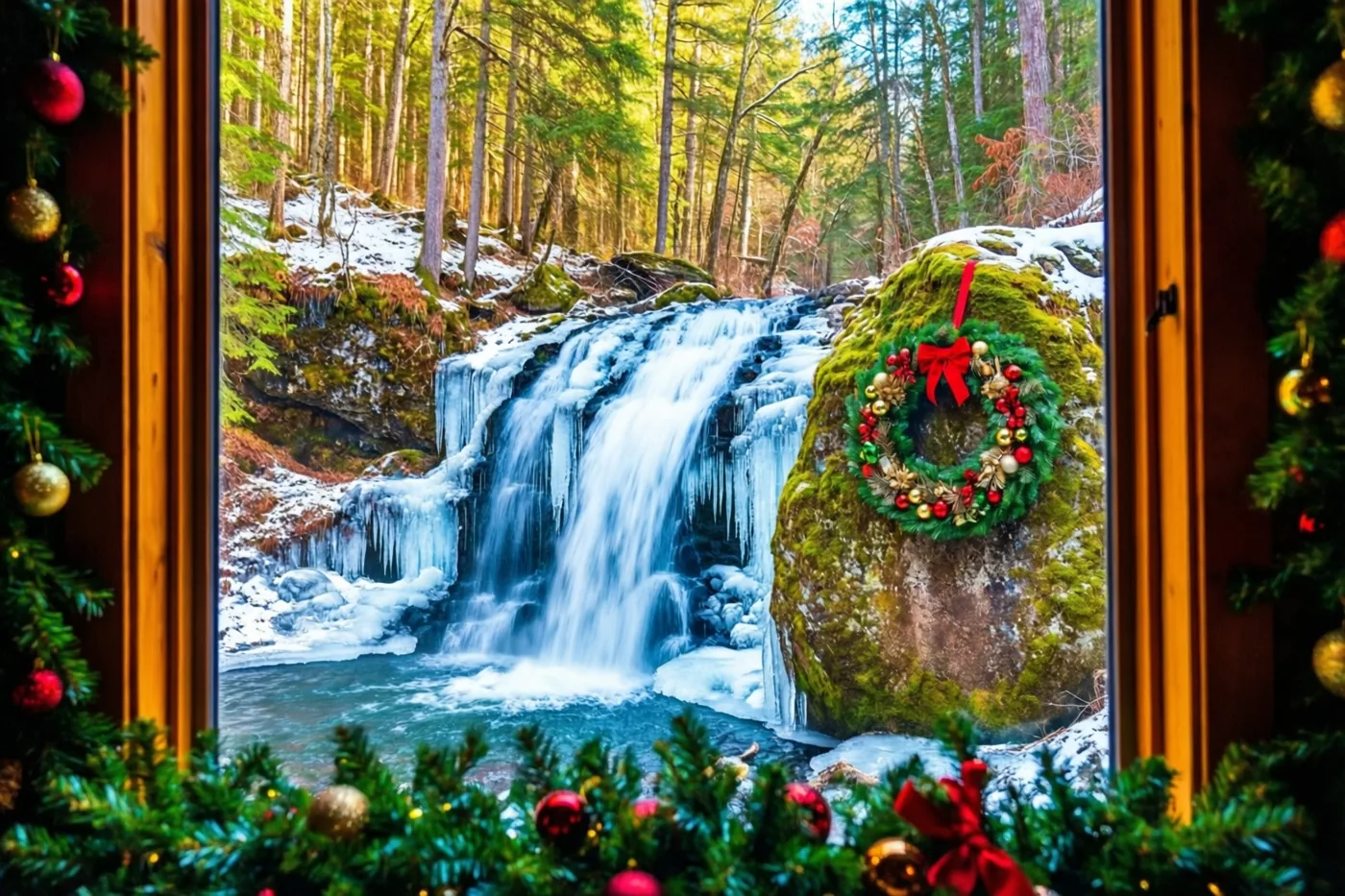 Door een houten raam met feestelijk groen en versieringen is een bevroren waterval in een besneeuwd bos te zien, met een kerstkrans op een bemoste rots ernaast.