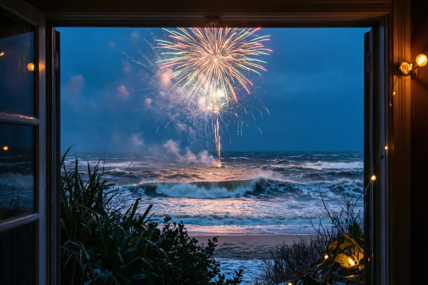 Door een open raam met warme lichtslingers en donker groen eromheen is vuurwerk boven een stormachtig winterstrand met brekende golven te zien.