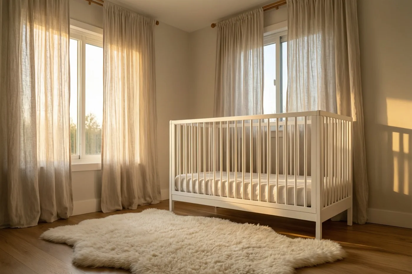 In een sober ingerichte babykamer staan een wit babybedje en een wit schapenvachtje op een houten vloer, met ochtendlicht en zachte schaduwen door doorschijnende beige gordijnen.