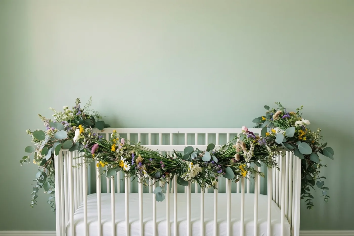 Een wit babybedje is versierd met een volle slinger van veldbloemen en eucalyptusbladeren in een babykamer met lichtgroene muren.