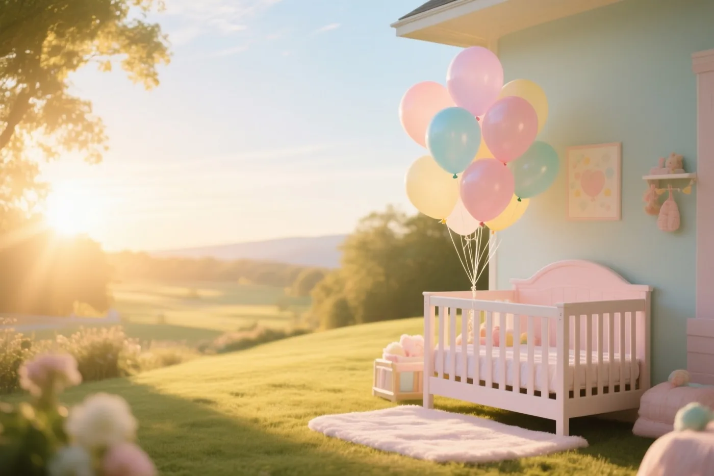 Een wit babybedje staat op een grasveld naast een lichtblauwe muur, met pastelballonnen erboven en een landschap op de achtergrond in warm zonlicht.