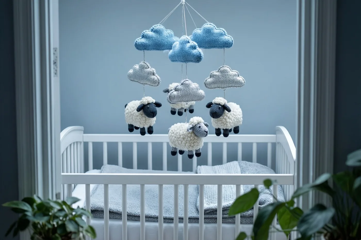 Een wit babybedje met een zachte blauwe deken staat onder een gebreide mobiel met wolken en schapen, in een zacht verlichte babykamer met gedempte blauwe muren en groene planten op de voorgrond.