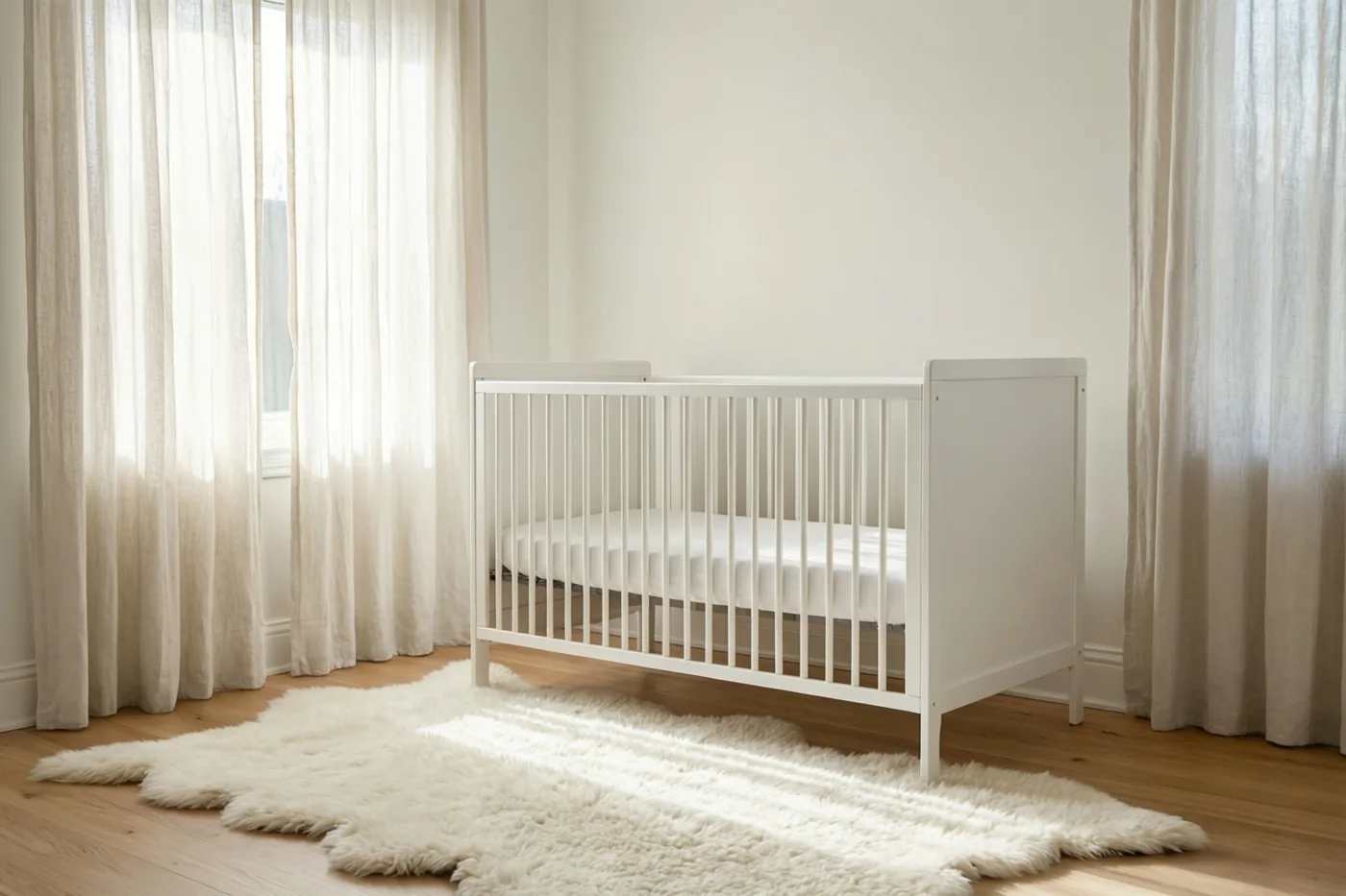 Een wit babybedje staat op een wit schapenvachtje in een sobere babykamer met een lichte houten vloer en witte muren, waar zacht ochtendlicht door doorschijnende gordijnen valt.