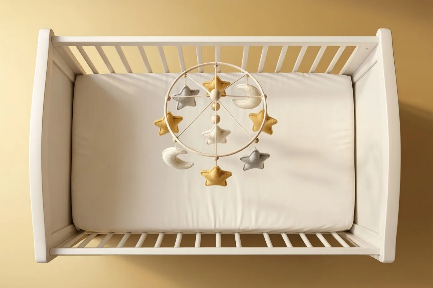 Een wit babybedje staat tegen een warmbeige muur, met een mobiel van vilten sterren en manen erboven in zacht licht.