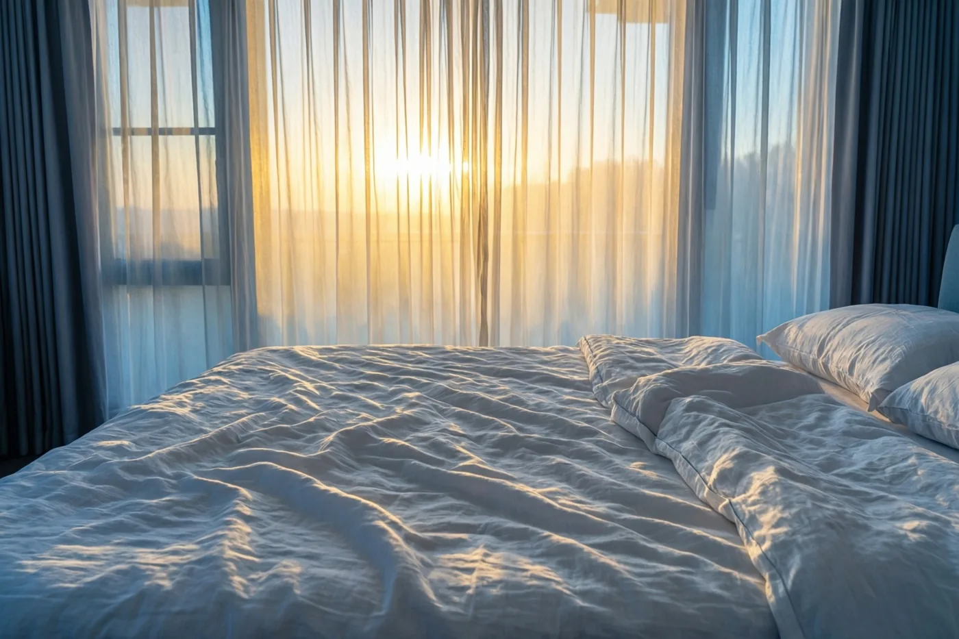 Gouden ochtendlicht valt door doorschijnende gordijnen op een bed met verkreukelde witte linnen lakens in een slaapkamer met witte, gouden en blauwe tinten.