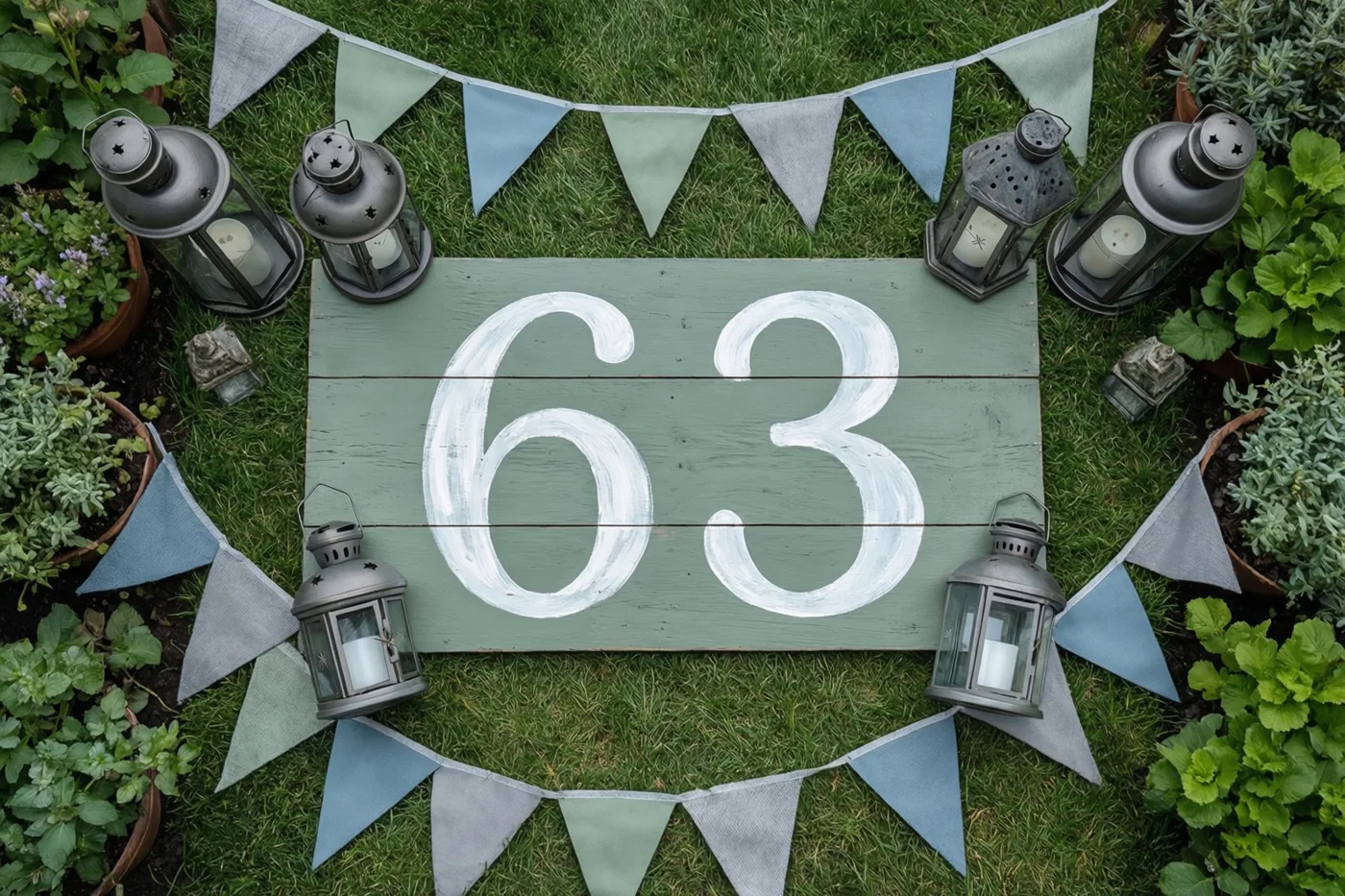 Een houten bord met 63 in witte verf staat op groen gras tussen vlaggetjes, metalen lantaarns en potplanten in een tuin.