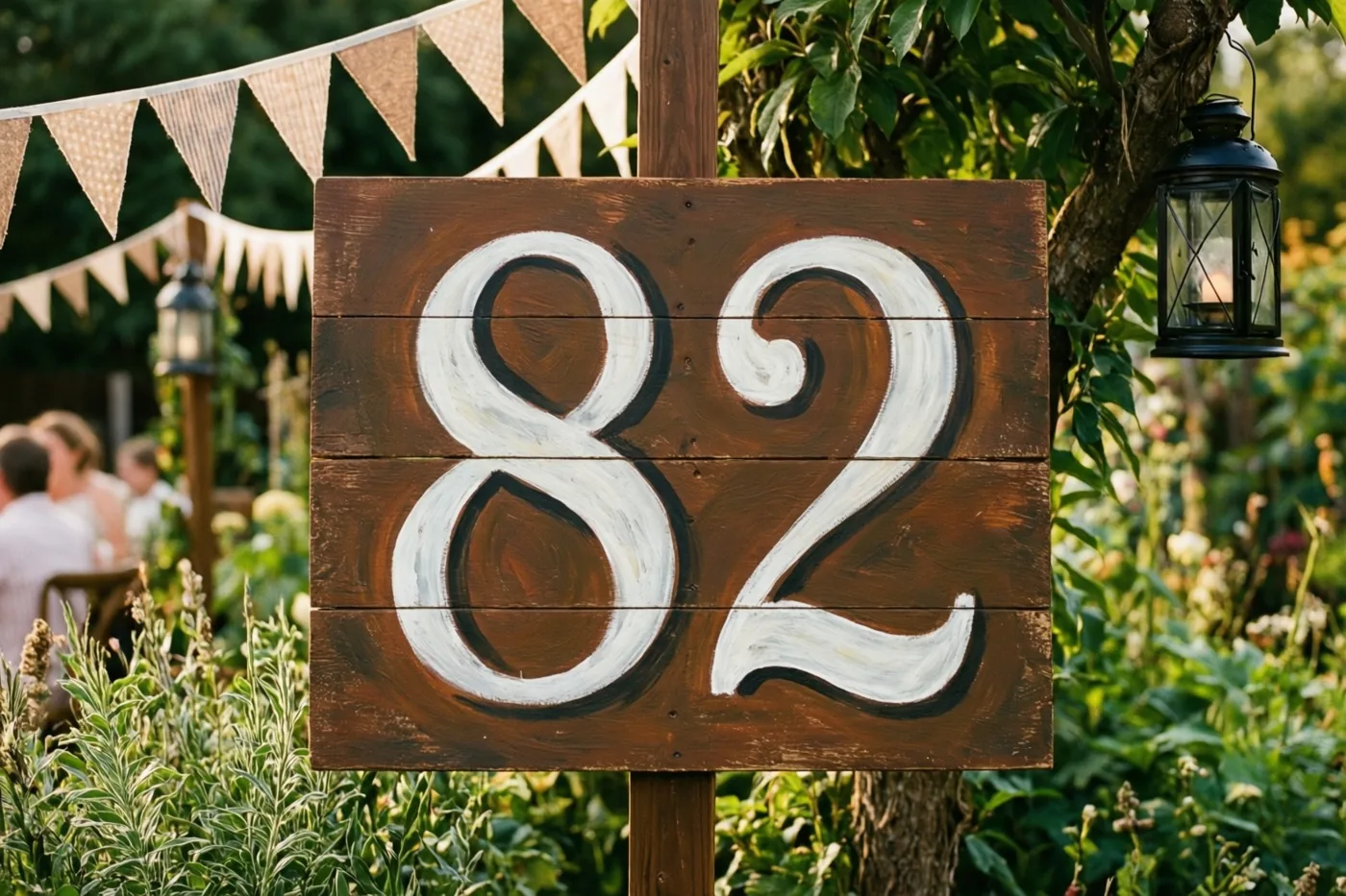 Een groot houten bord met 82 in witte verf staat in een tuin met vlaggetjes en hangende lantaarns.