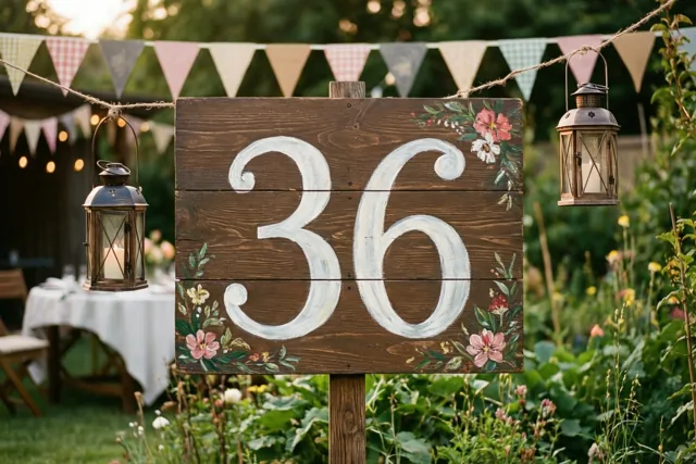 Een houten bord met het getal 36 in witte verf staat in een tuin tussen hangende lantaarns en kleurrijke vlaggetjes in warm goudkleurig licht.