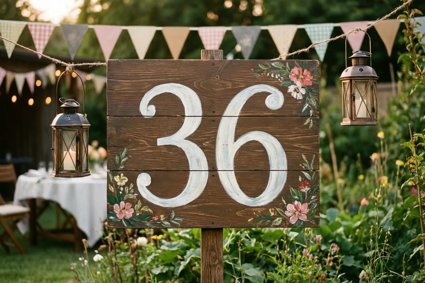 Een houten bord met het getal 36 in witte verf staat in een tuin tussen hangende lantaarns en kleurrijke vlaggetjes in warm goudkleurig licht.