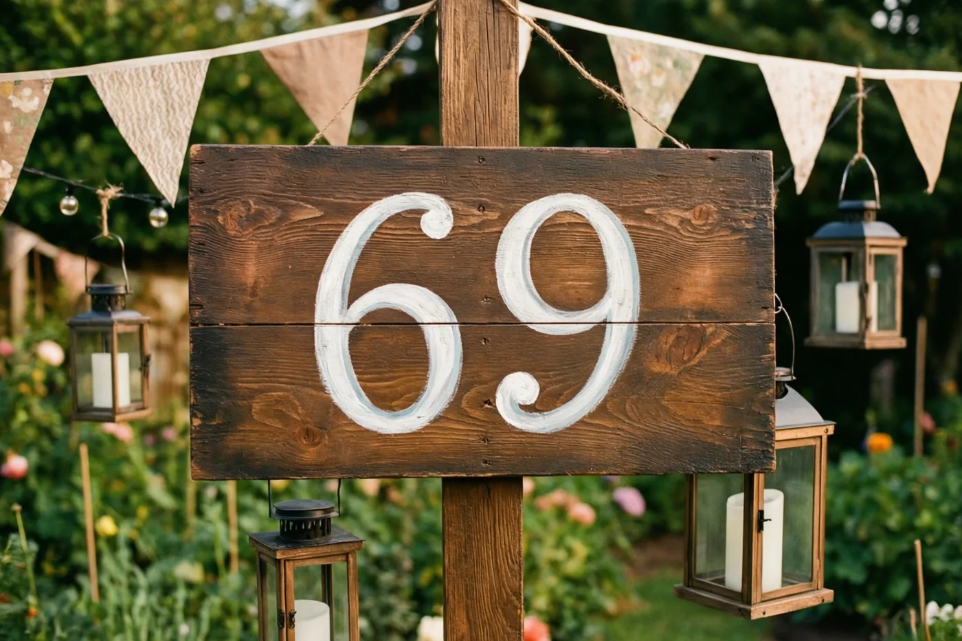 Een rustiek houten bord met 69 in witte verf staat buiten in een tuin met vlaggetjes en hangende lampionnen.