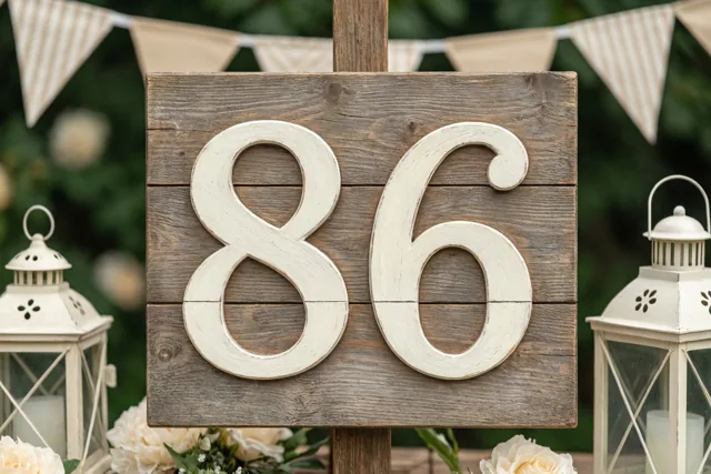Een rustiek houten bord met 86 in wit staat buiten tussen vlaggetjes, lantaarns en groen in zacht licht.