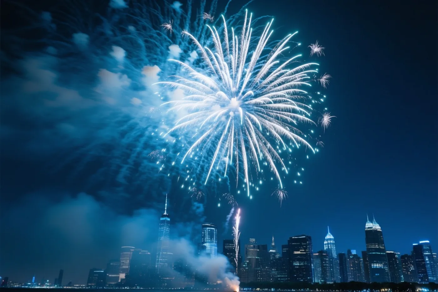 Wit en blauw vuurwerk verlicht de nachtelijke hemel boven een stad met verlichte wolkenkrabbers.