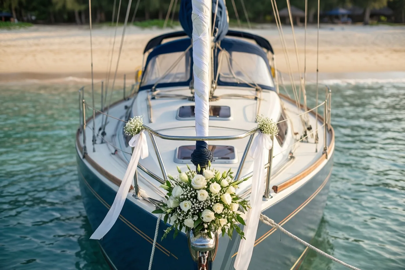 Een wit-blauwe zeilboot met witte bloemen en linten ligt voor anker in helder turquoise water bij een zandstrand in warm goudkleurig zonlicht.