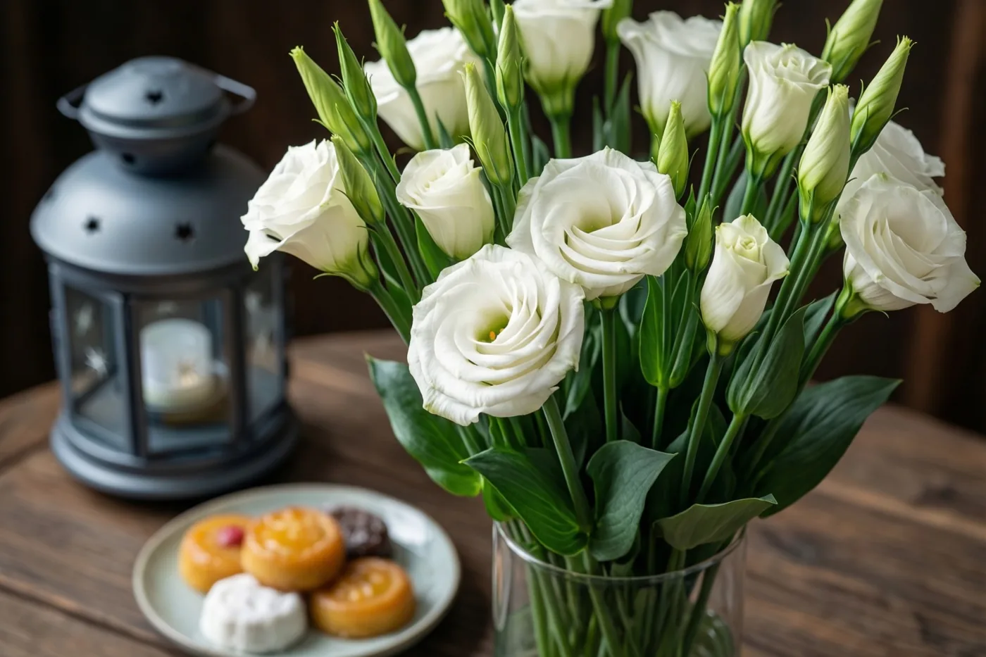 Een boeket witte tuberozen staat in een glazen vaas op een houten tafel naast een grijze lantaarn met een brandende kaars en een bordje zoetigheden.