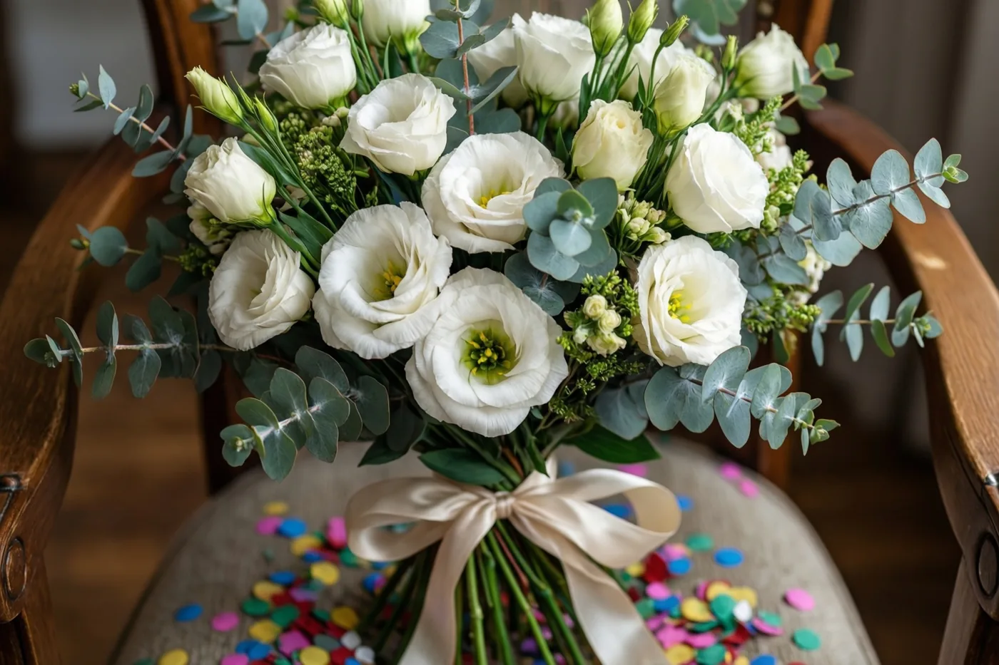 Een boeket witte lisianthus en eucalyptus met een crèmekleurig zijden lint ligt op een houten stoel met kleurrijke confetti.