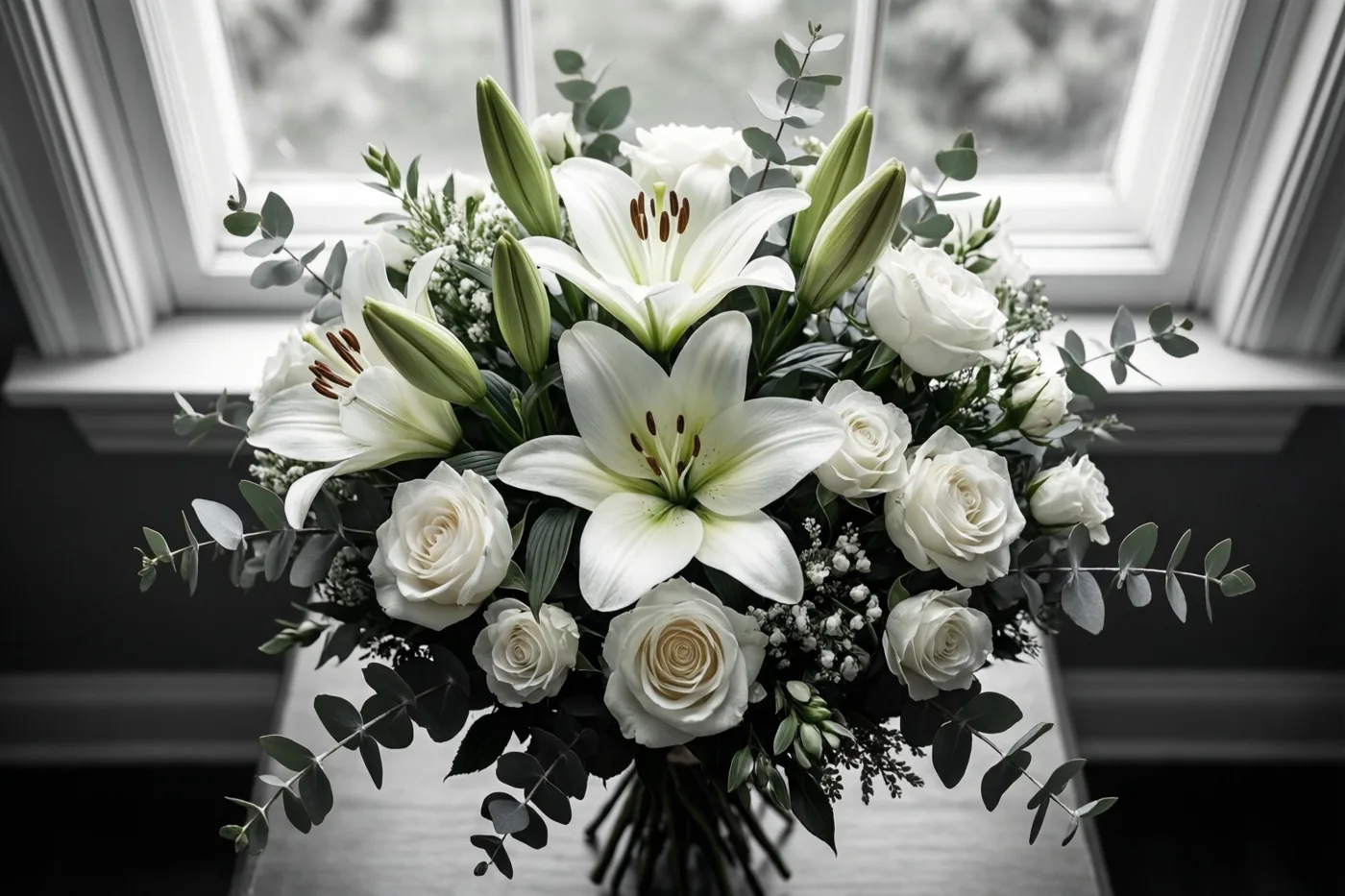 Een boeket witte lelies, witte rozen en eucalyptus staat op een vensterbank in zacht daglicht, met een onscherp raam op de achtergrond.