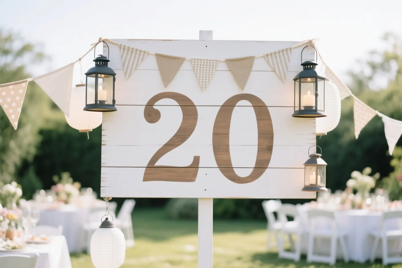 Een groot wit houten bord met 20 in bruine verf staat op een zonnig gazon tussen vlaggenlijnen en hangende lantaarns, met tafels en stoelen op de achtergrond.