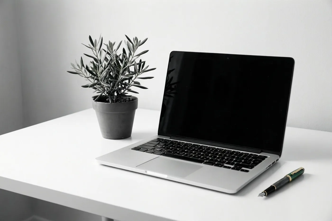 Op een opgeruimd wit bureau staan een zilverkleurige laptop met zwart scherm en een klein olijfplantje in een pot, naast een groen-zwarte vulpen.