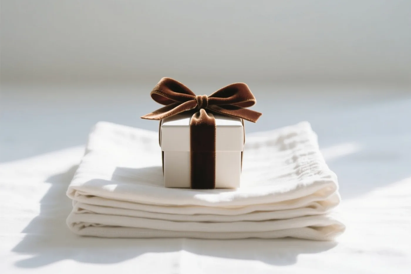 Een klein wit geschenkdoosje met een bruine fluwelen strik staat op een stapel opgevouwen witte linnen servetten in zacht daglicht.