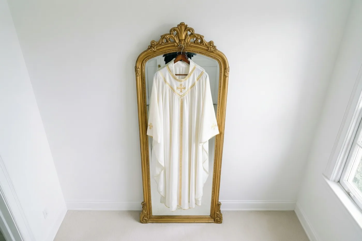 Een wit communiegewaad met gouden boord hangt aan een houten kleerhanger binnen de omlijsting van een vergulde spiegel in een lichte witte kamer.