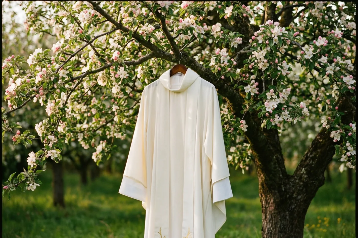 Een wit communiegewaad hangt aan een tak van een bloeiende appelboom in een zonnige boomgaard met witte en roze bloesems en groen blad.