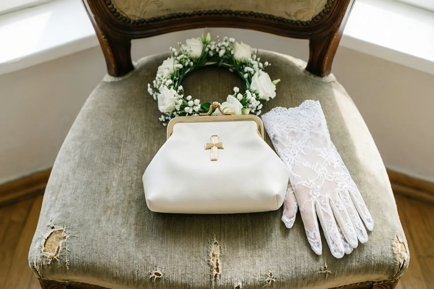 Een oud wit communietasje met een gouden kruis, kanten handschoenen en een witte bloemenkroon liggen op een versleten, verbleekte groene fluwelen stoel in zacht daglicht.