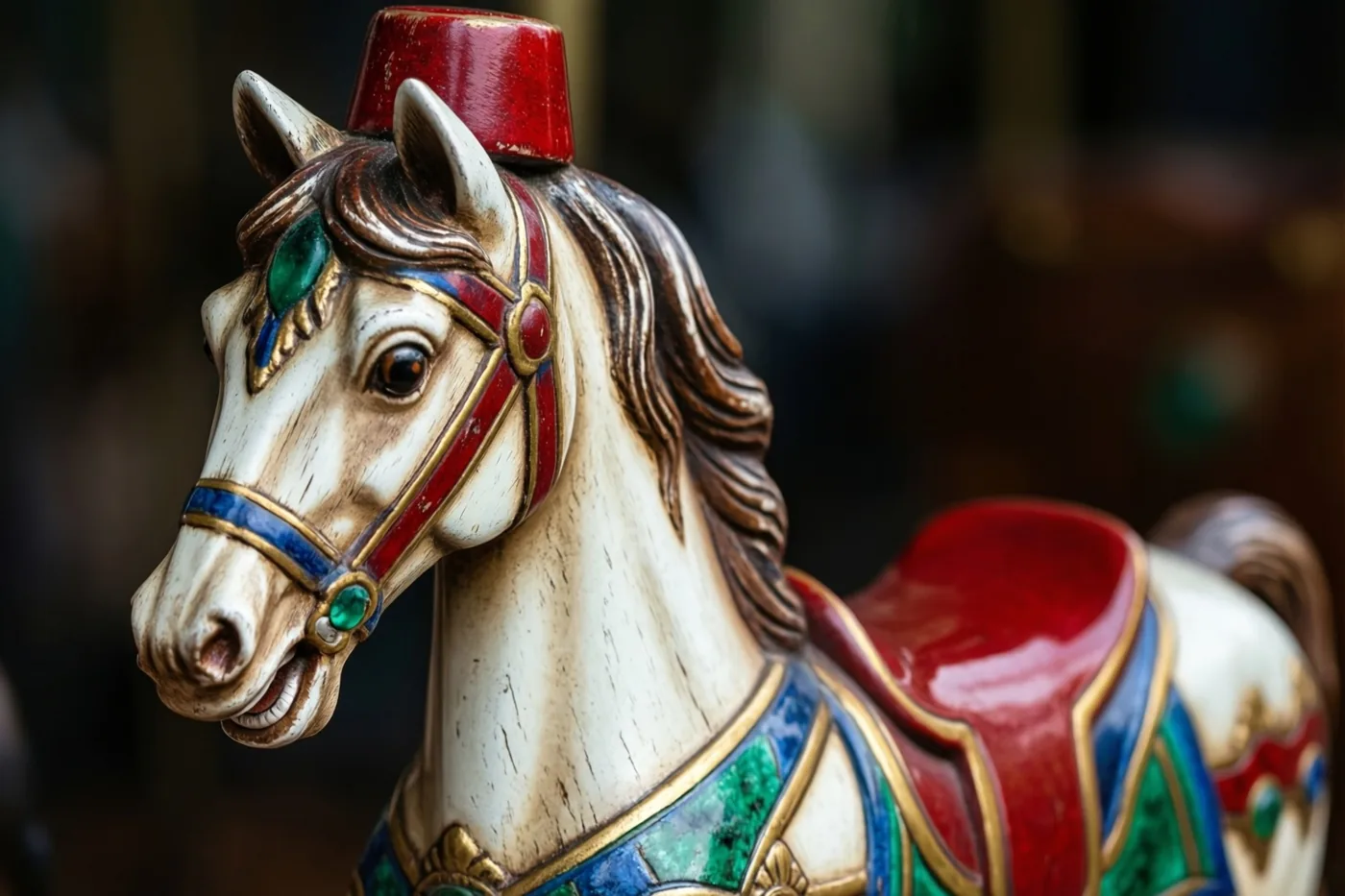 Een wit houten draaimolenpaard van vroeger draagt een rood zadel en een rode mijter en heeft rode, blauwe en groene versieringen met gouden randen.