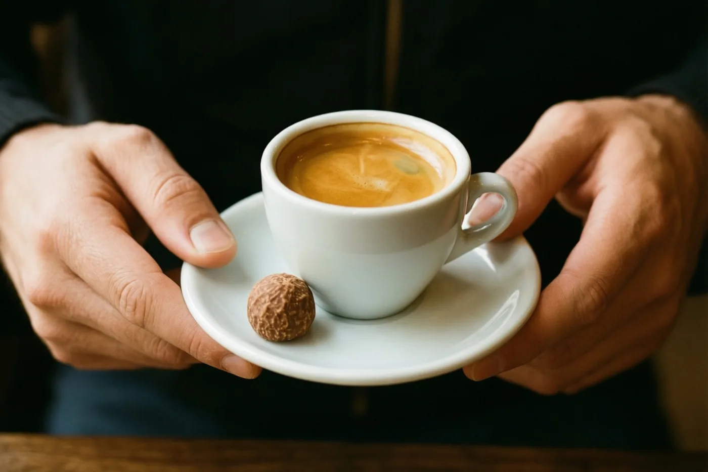 Twee handen houden een wit espressokopje met een schoteltje en een kleine praline met reliëf vast tegen een donkere achtergrond in warm licht.