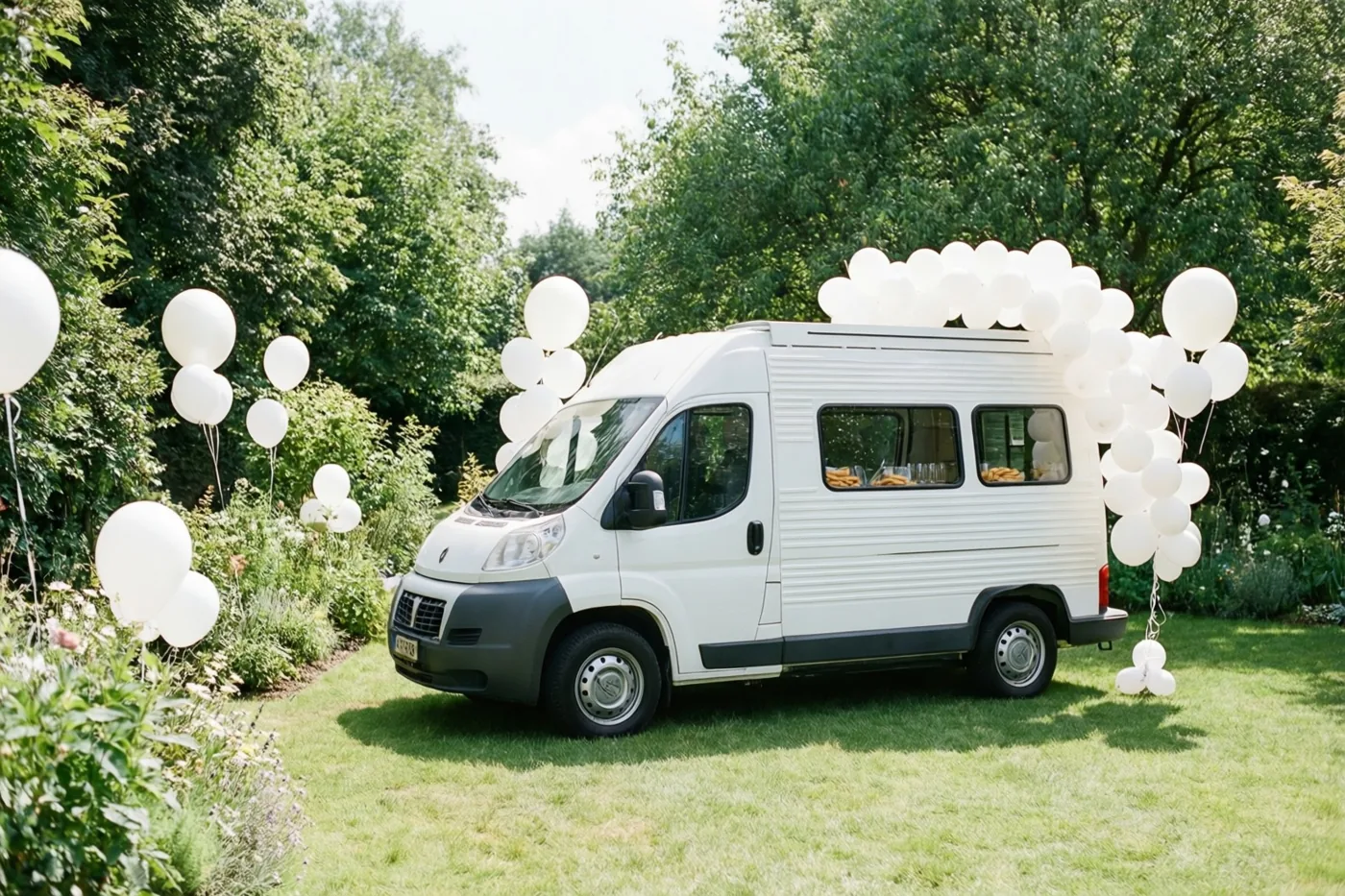 Een wit busje ingericht als frietkot staat op het gras in een tuin, omringd door trossen witte ballonnen en groene bomen in helder daglicht.
