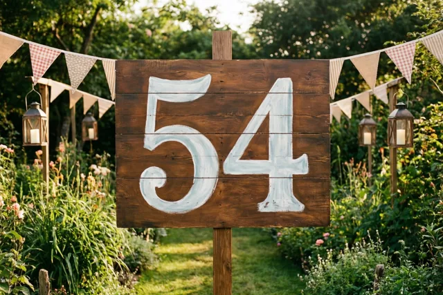Een houten bord met het getal 54 in witte verf staat in een tuin tussen vlaggetjes en lantaarns, met groen en bloemen op de achtergrond.