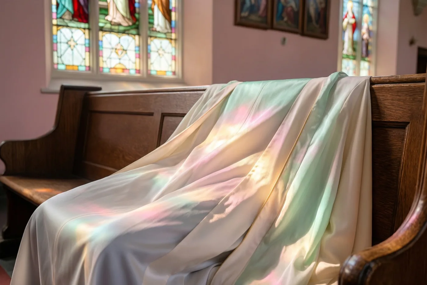 Een wit gewaad hangt over een houten kerkbank in gekleurd zonlicht, in een kerk met roze muren, glasramen en religieuze kunst.