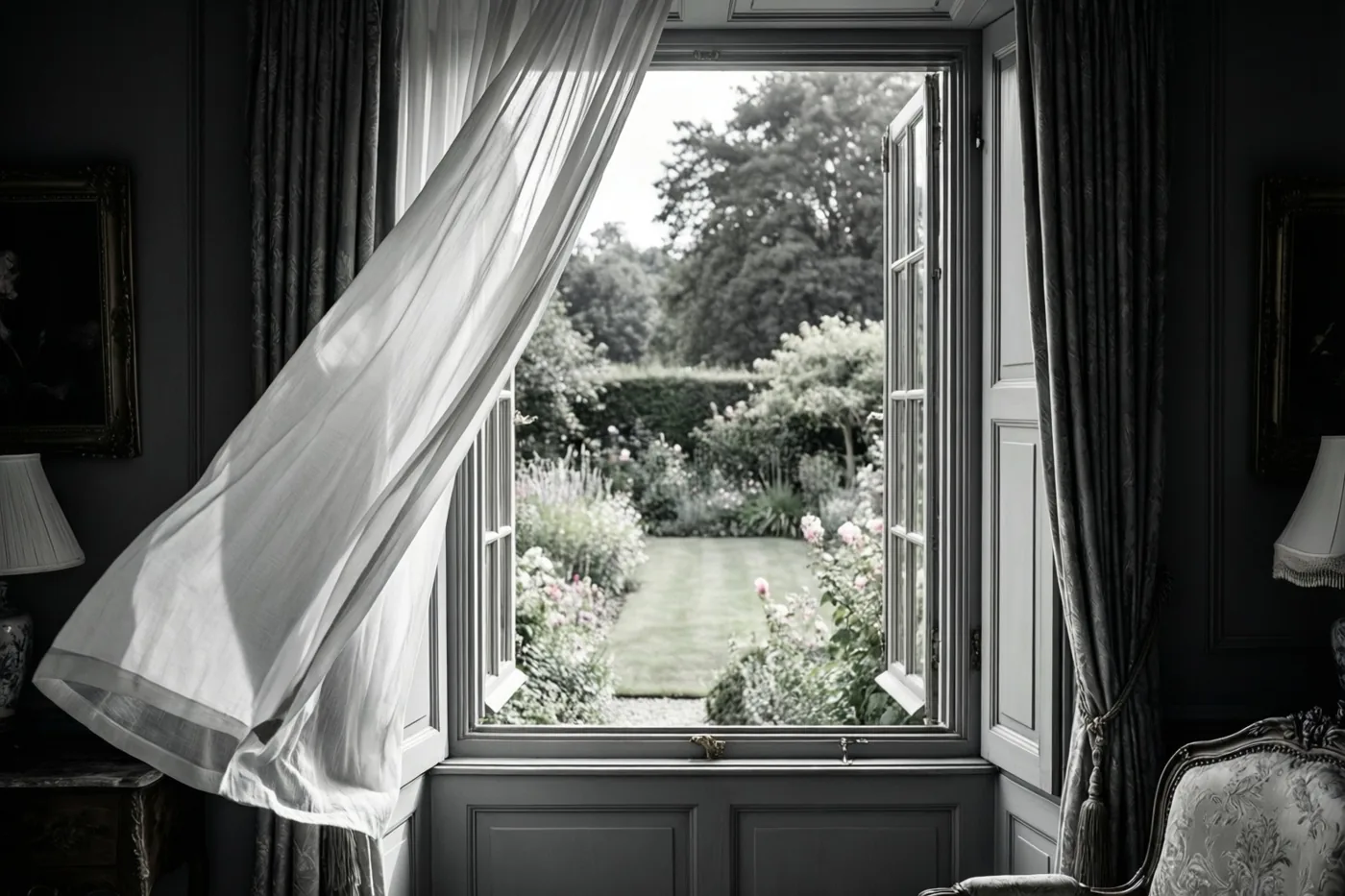 Een zwart-witfoto toont een open raam met een opbollend wit gordijn en een tuin daarachter, omgeven door donkere muren en sierlijke meubels.