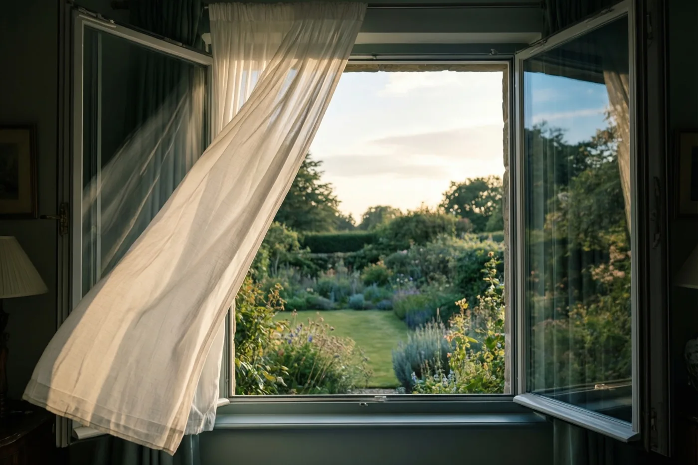 Een wit gordijn bolt op voor een open raam met uitzicht op een weelderige groene tuin, in zacht warm licht.