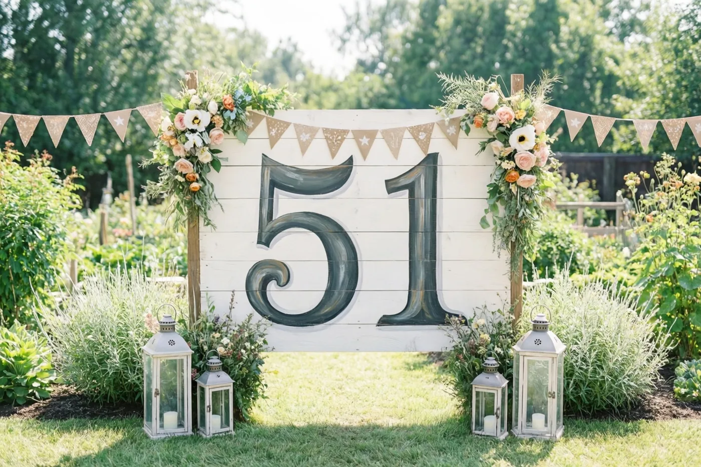 Een groot wit houten bord met 51 in zwarte verf staat in een zonnige tuin tussen bloemstukken en vlaggetjes, met witte lantaarns op het gras.