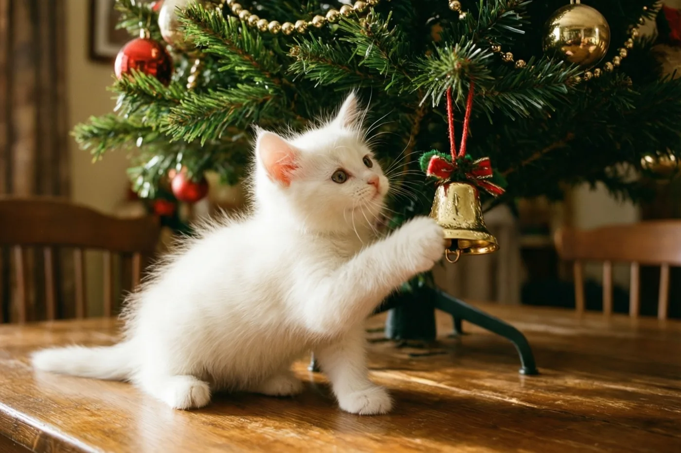 Een pluizig wit katje zit op een houten tafel en slaat met een pootje naar een gouden belletje aan een versierde kerstboom in warm licht.
